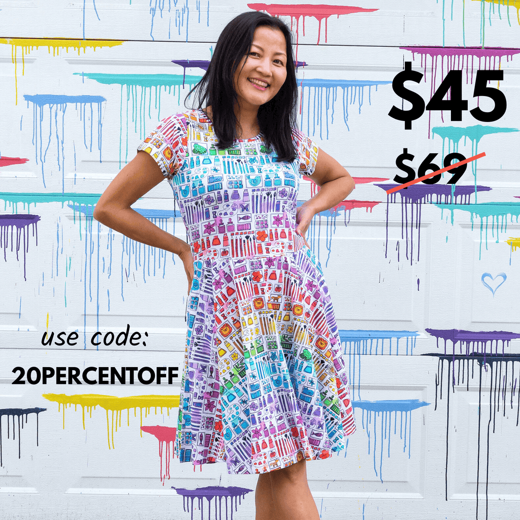 Adult "Smarty Paints" Rainbow Art Supplies Super Twirler Dress with Pockets