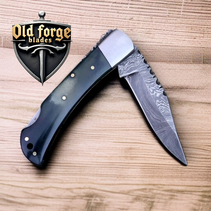 Damascus Pocket Knife – Custom Handmade 3.5” Folding Knife with Back Lock & Buffalo Horn Handle